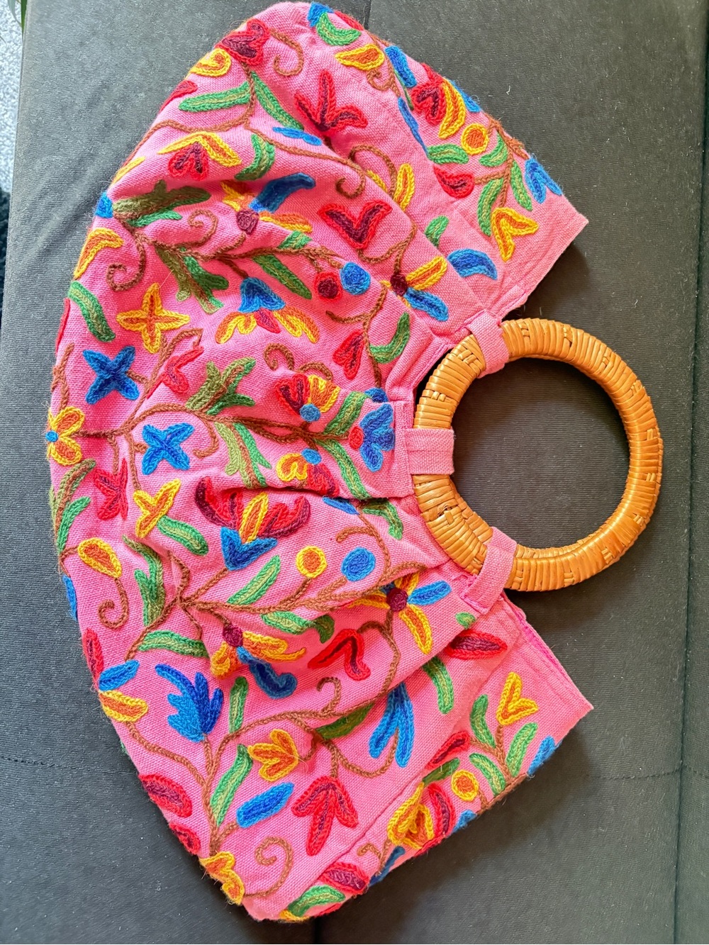 Unique Embroidered Pink Floral Bag with Bamboo Ring Handles